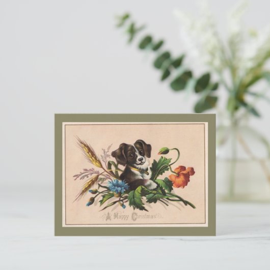 ハッピークリスマスかわいい犬のヴィンテージ再現 シーズンポストカード (スタンド正面)