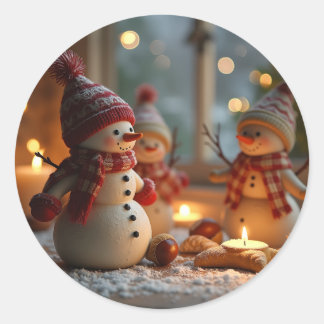 ハッピークリスマスと可愛い雪だるま ラウンドシール