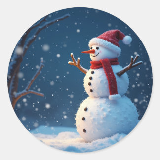 ハッピークリスマスと可愛い雪だるま ラウンドシール