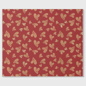 ハッピークリスマスウォーターカラー金ゴールドホリー葉ズ赤色 ラッピングペーパー (フラット)