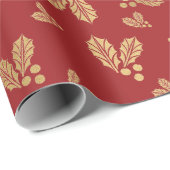 ハッピークリスマスウォーターカラー金ゴールドホリー葉ズ赤色 ラッピングペーパー (ロールコーナー)