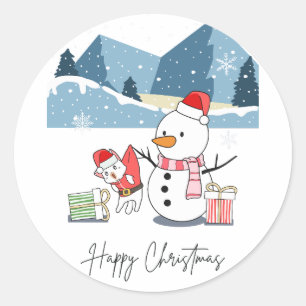 ハッピークリスマスサンタキャット&雪だるま ラウンドシール