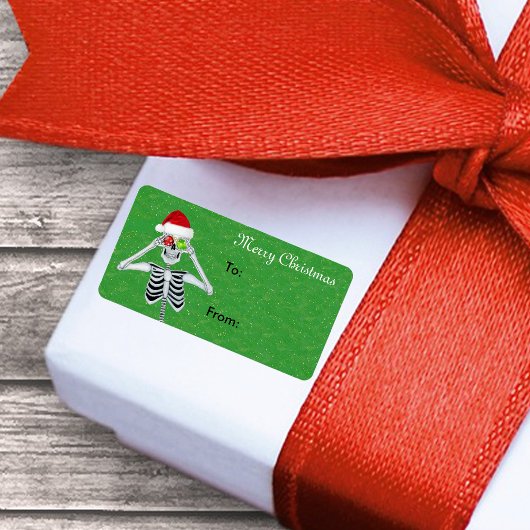 ハッピークリスマススケルトンオーナメントアイズグリーン金ゴールド ラベル