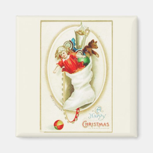 ハッピークリスマスストッキングヴィンテージ磁石 マグネット (正面)