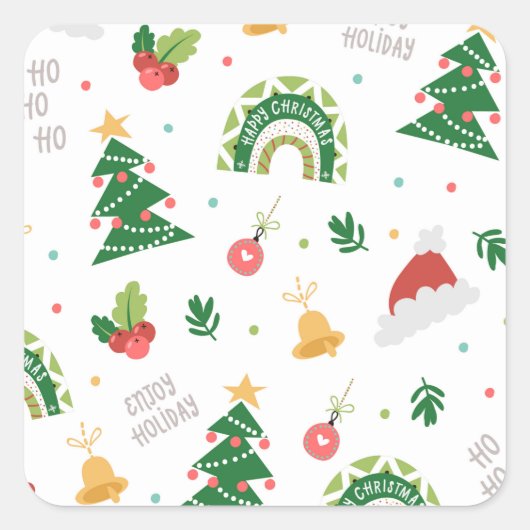 ハッピークリスマスツリーオーナメント装飾模様 スクエアシール (正面)