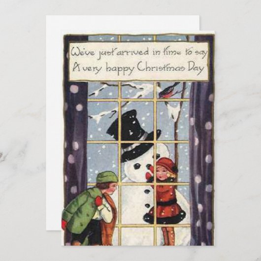 ハッピークリスマスデイ – 子供の建物雪だるま シーズンカード (正面/裏面)