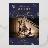 ハッピークリスマスネイビーフェスティバルワンファミリーフォト 箔シーズンカード (正面)