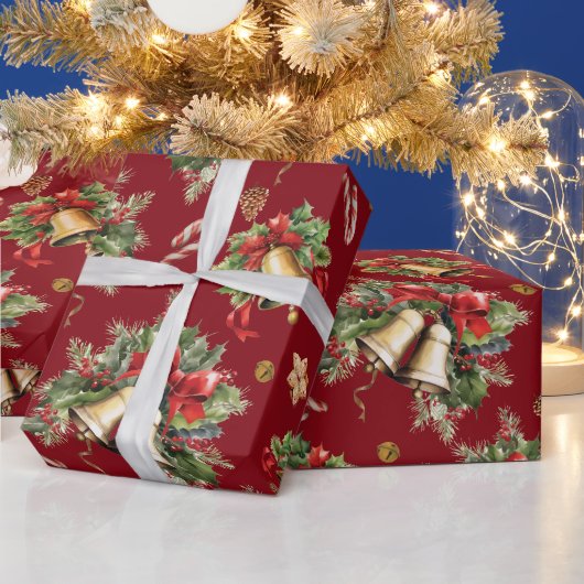 ハッピークリスマスベルズホリーベリーピネコーンレッド ラッピングペーパー (クリスマス)