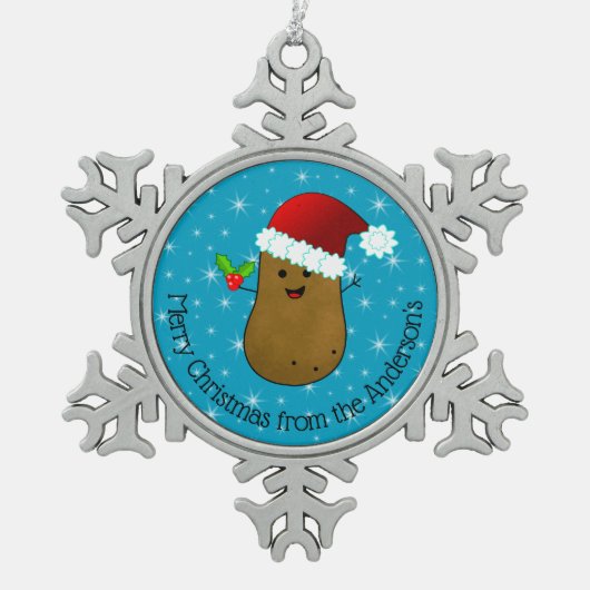ハッピークリスマスポテトパーソナライズされた スノーフレークピューターオーナメント (正面)