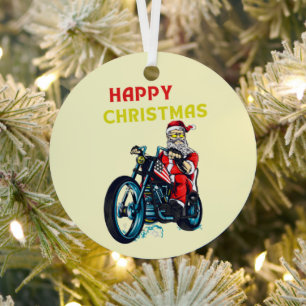 ハッピークリスマスヴィンテージサンタバイクもしくは自転車に乗る人 メタルオーナメント