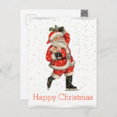 ハッピークリスマスヴィンテージレッドサンタスケートで滑るホワイト シーズンポストカード (正面/裏面)