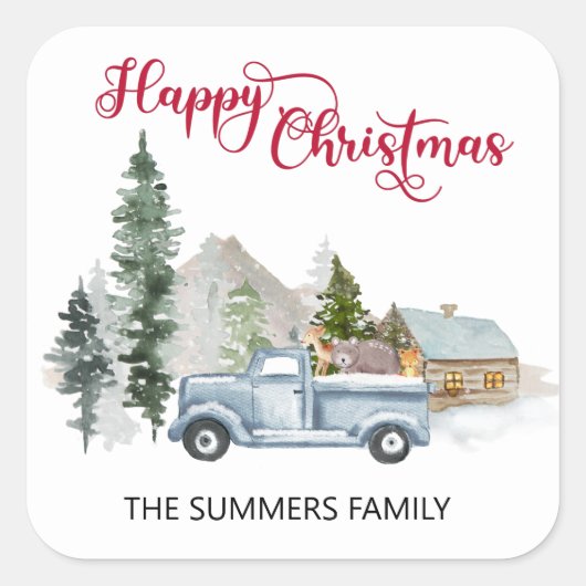 ハッピークリスマス封筒用シール素朴トラックウッズ スクエアシール (正面)