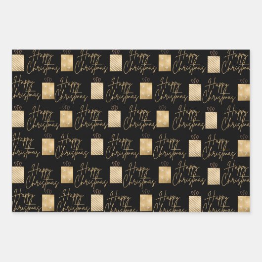 ハッピークリスマス金ゴールドとブラックラッピング紙 ラッピングペーパーシート (正面)