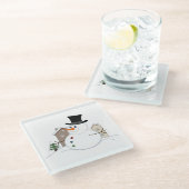 ハッピークリスマス雪だるまイラストレーション ガラスコースター (アングル)