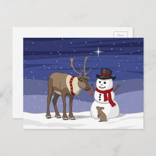 ハッピークリスマス雪だるま&カワイトトナカイはがき ポストカード (正面/裏面)