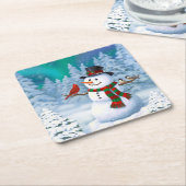 ハッピークリスマス雪だるま&バードウィンターシーン スクエアペーパーコースター (アングル)