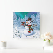 ハッピークリスマス雪だるま&バードウィンターシーン スクエア壁時計 (ホーム)