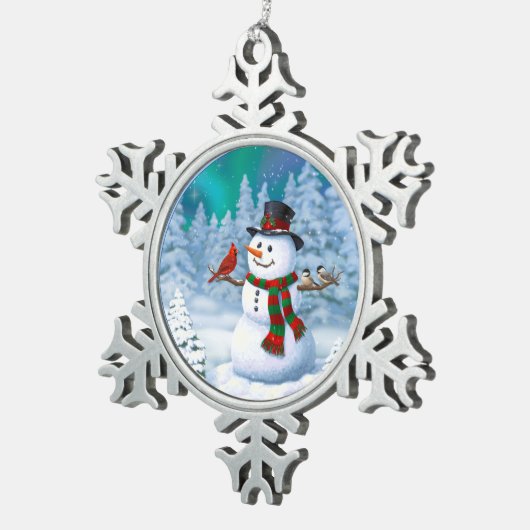 ハッピークリスマス雪だるま&バードウィンターシーン スノーフレークピューターオーナメント (右)