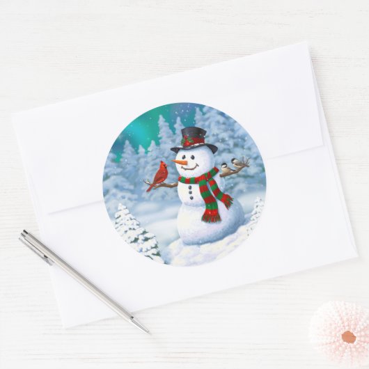 ハッピークリスマス雪だるま&バードウィンターシーン ラウンドシール (封筒)