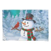 ハッピークリスマス雪だるま&バードウィンターシーン 枕カバー (正面左)