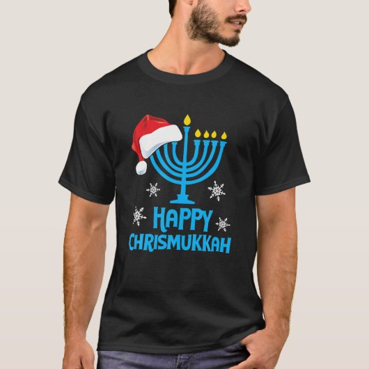 ハッピークリスムカサンタハットクリスマスハヌッカ Tシャツ (正面)