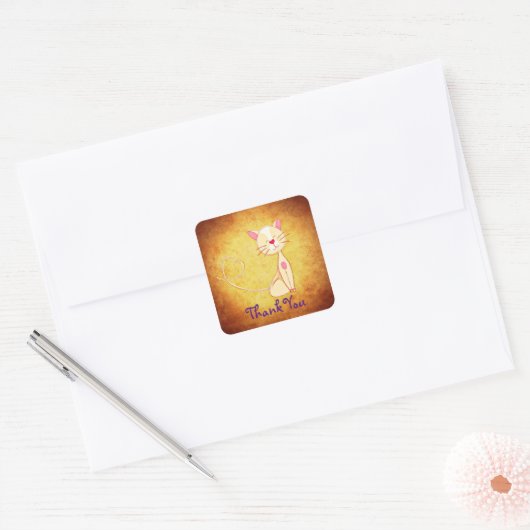 ハッピークリーム色の猫とハートありがとう スクエアシール (封筒)