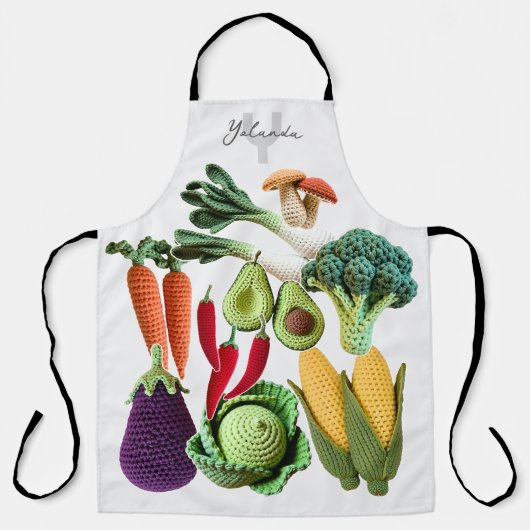 ハッピークロシェ野菜きのこのコラージモノグラム エプロン (正面)