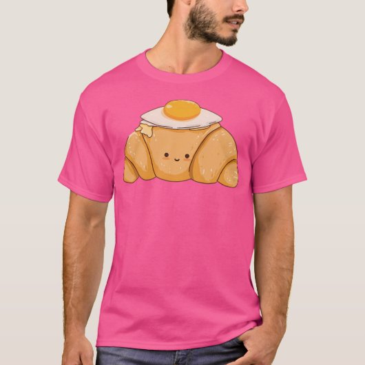 ハッピークロワッサンウィズ卵かわいい朝食フードアート Tシャツ (正面)
