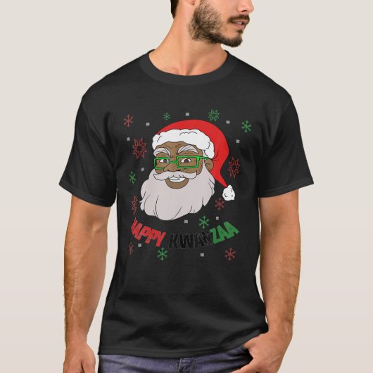 ハッピークワンザサンタブラッククリスマスアフリカンアメリカ Tシャツ (正面)