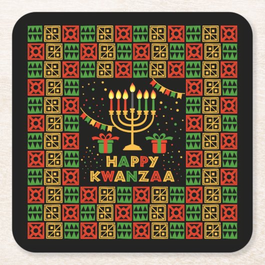 ハッピークワンザローソンドルレッドブラックグリーンイエロー スクエアペーパーコースター (正面)