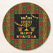 ハッピークワンザローソンドルレッドブラックグリーンイエロー ラウンドペーパーコースター (正面)