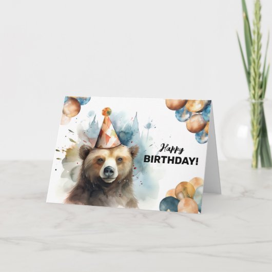 ハッピーグリズリーベアーワイルドアニマルポートレート誕生日 カード (正面)