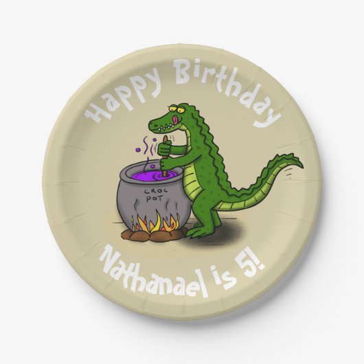 ハッピーグリーンアリゲーター料理ディナー漫画 ペーパープレート (正面)