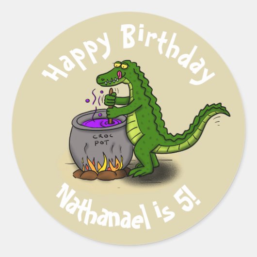 ハッピーグリーンアリゲーター料理ディナー漫画 ラウンドシール (正面)