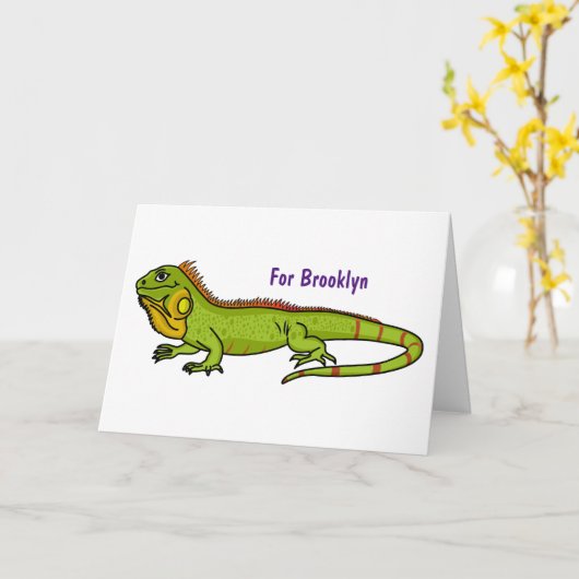 ハッピーグリーンイグアナ漫画イラストレーション カード (黄色い花)