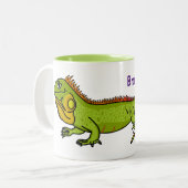 ハッピーグリーンイグアナ漫画イラストレーション ツートーンマグカップ (正面左)