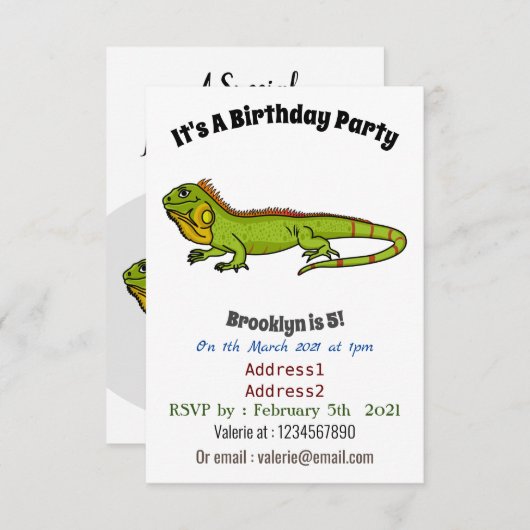 ハッピーグリーンイグアナ漫画イラストレーション 招待状 (正面/裏面)