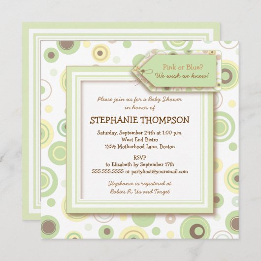ハッピーグリーンドットニュートラルベビーシャワー招待状 招待状 (正面/裏面)