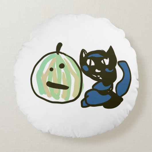 ハッピーグリーンハロウィーンのカボチャのちょうちん黒猫 ラウンドクッション (正面)