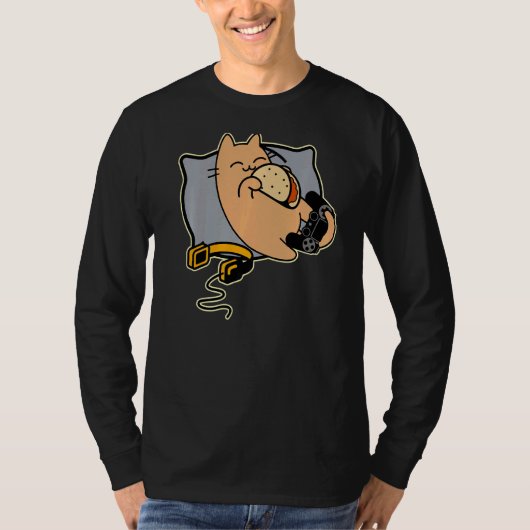 ハッピーゲーマー猫食べのタコスゲーム一時停止 Tシャツ (正面)