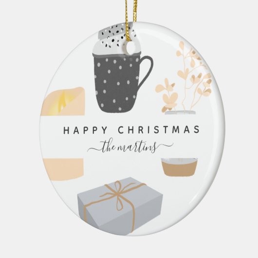 ハッピーコージー図解入りの、写真付きのクリスマス セラミックオーナメント (左)