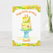 ハッピーゴールデンお誕生日ケーキ名前をカスタムするイエロー カード (正面)