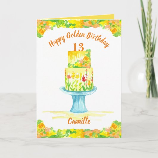 ハッピーゴールデンお誕生日ケーキ名前をカスタムするイエロー カード (正面)