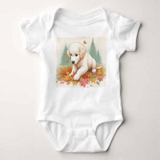 ハッピーゴールデンレトリエバーパピー離れイン ベビーボディスーツ (正面)