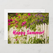 ハッピーサマーピンクのバラ花模様ホワイトガーデンフェンス ポストカード (正面/裏面)