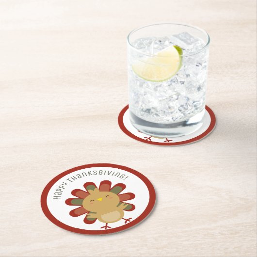 ハッピーサンクスギビングかわいいかわいいターキーディナーパーティー ラウンドペーパーコースター (インサイチュ)