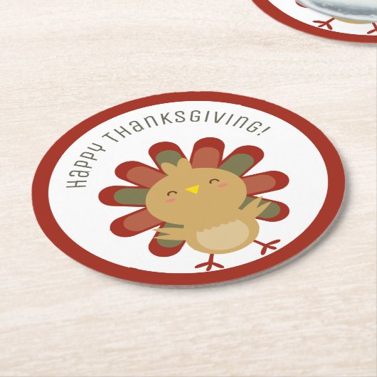 ハッピーサンクスギビングかわいいかわいいターキーディナーパーティー ラウンドペーパーコースター (アングル)