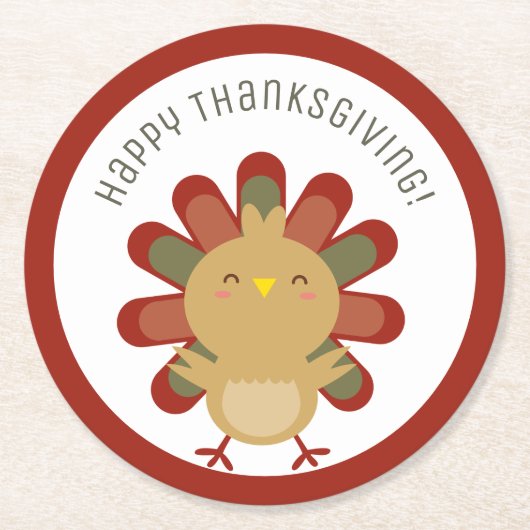 ハッピーサンクスギビングかわいいかわいいターキーディナーパーティー ラウンドペーパーコースター (正面)