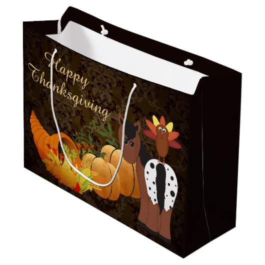 ハッピーサンクスギビングかわいいアパロオーサの馬とトルコ ラージペーパーバッグ (正面アングル)