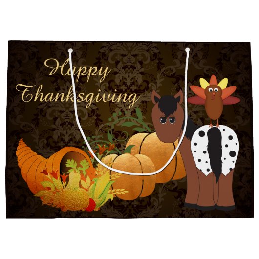 ハッピーサンクスギビングかわいいアパロオーサの馬とトルコ ラージペーパーバッグ (裏面)